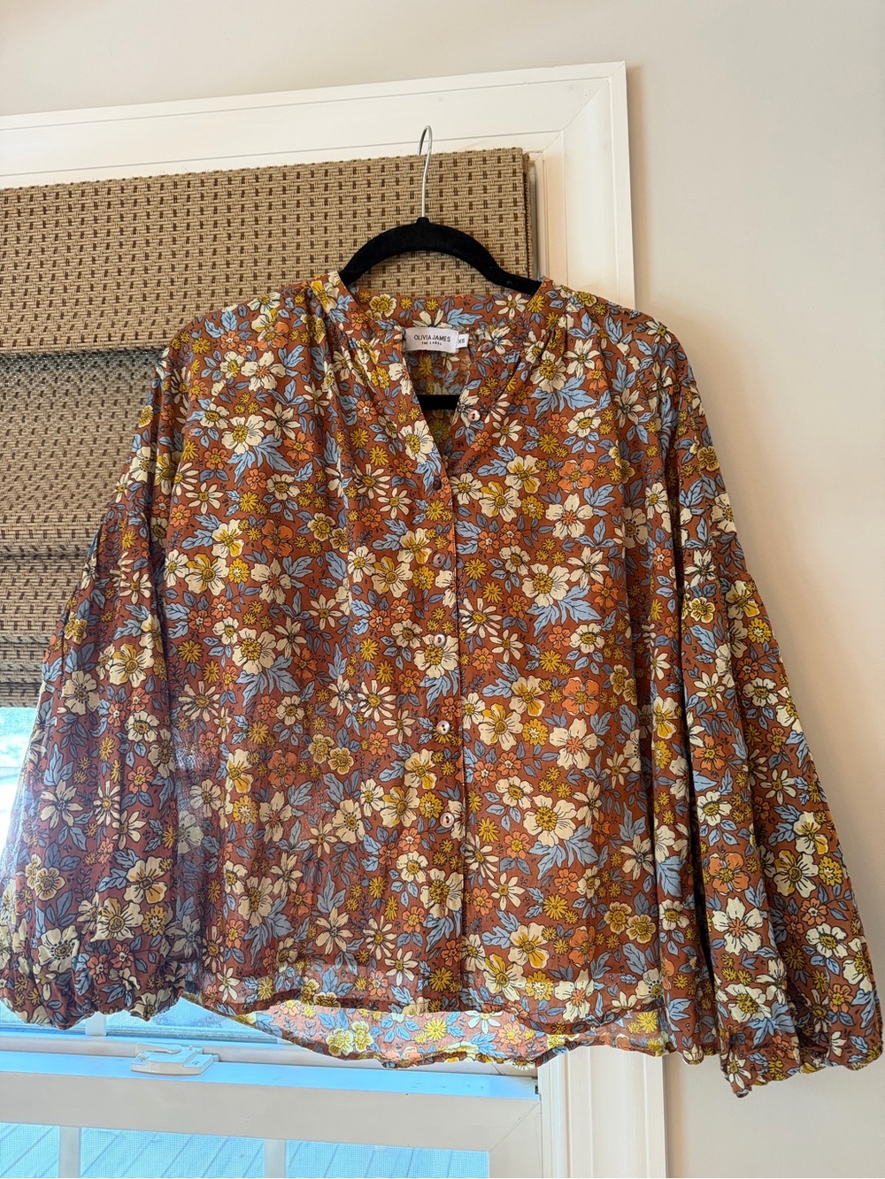 Olivia James Floral Button-Front Peasant Blouse — Brown Multi